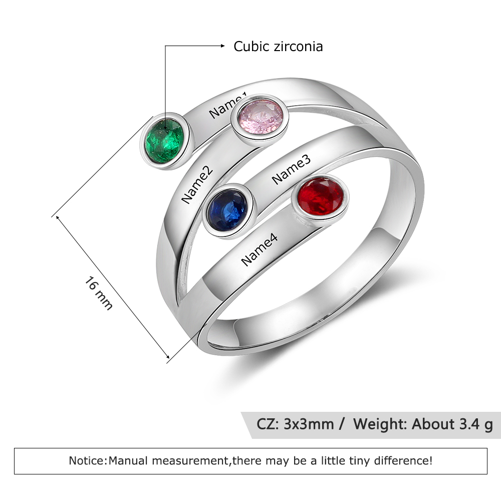 Personalised Ring With 4 Birthstones Engraved Names Ring Gift For Women-Jessemade AU