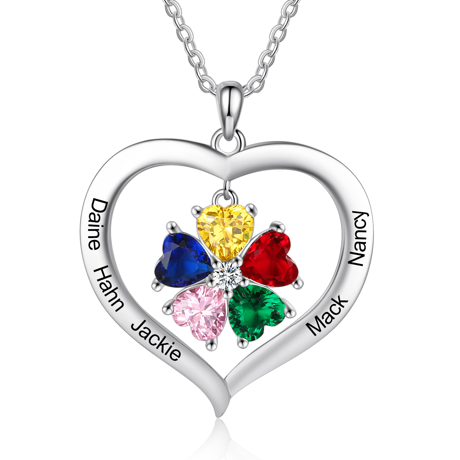 Personalised Necklace With 5 Heart Birthstone Engraved Names Heart Necklace Gift For Women-Jessemade AU