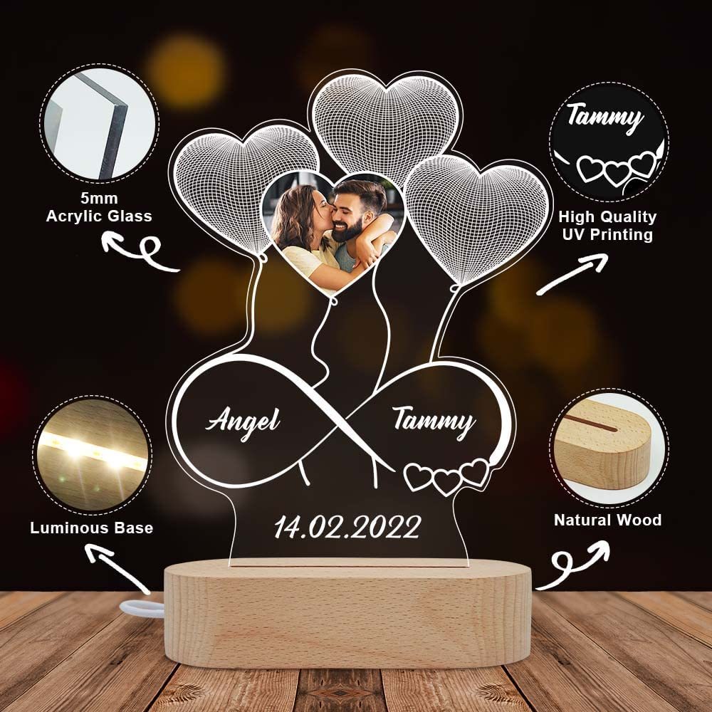 Personalised Heart Balloon Night Light Custom Photo Engraving 2 Names Infinite Love Style Wooden Lamp-Jessemade AU