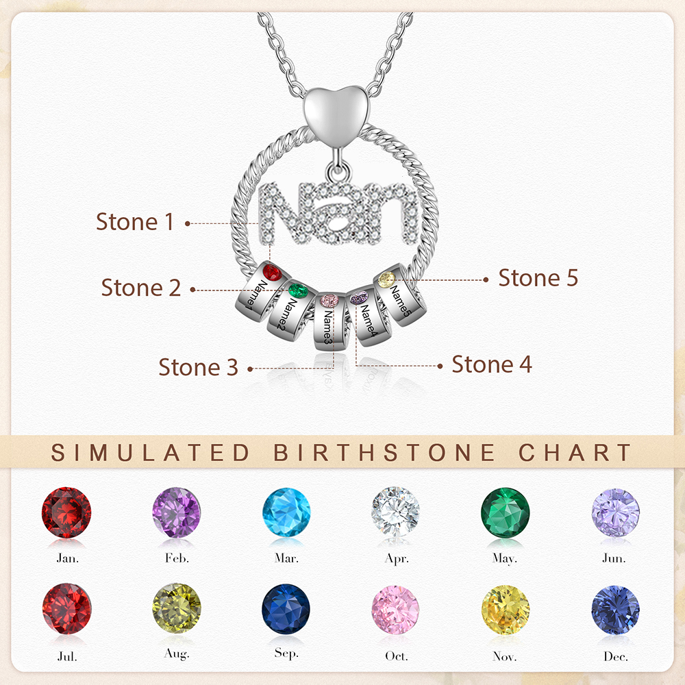 5 Names - Personalised Nan Necklace Custom Names & Birthstones Circle Pendant Necklace Gift for Grandma Nanna