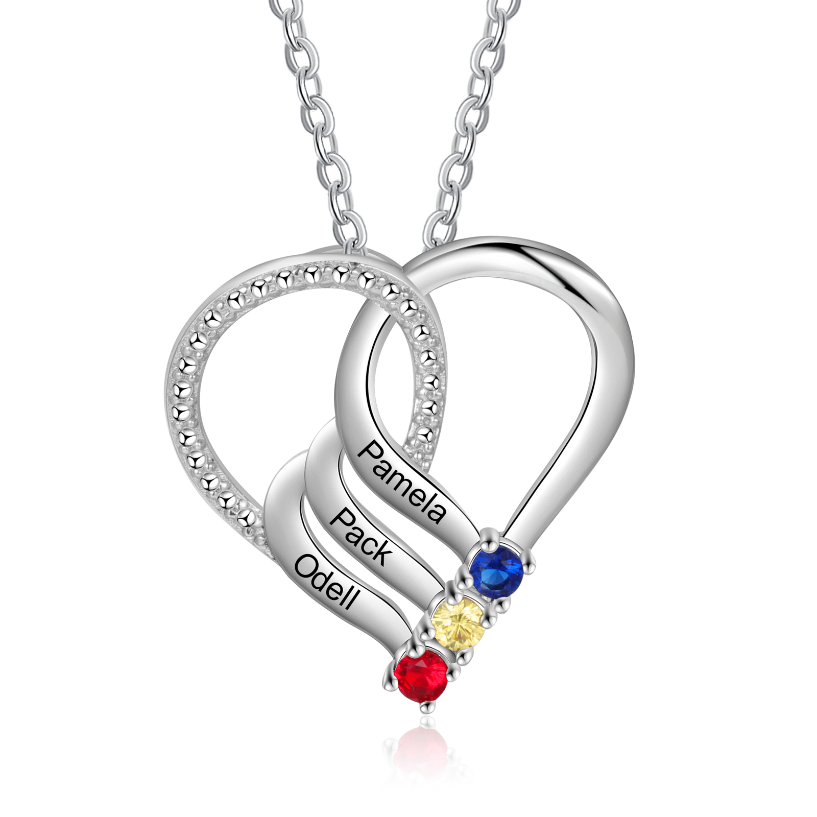 Personalised Heart Necklace With 3 Birthstones Engraved Names Gift For Her-Jessemade AU