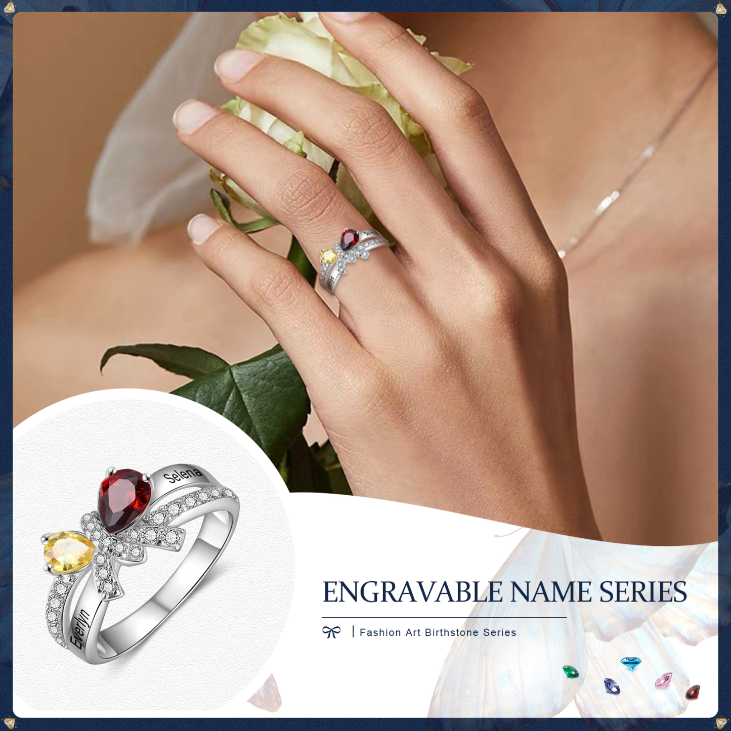 Personalised Butterfly Ring With 2 Birthstones Engraved Names Ring Gifts For Her-Jessemade AU