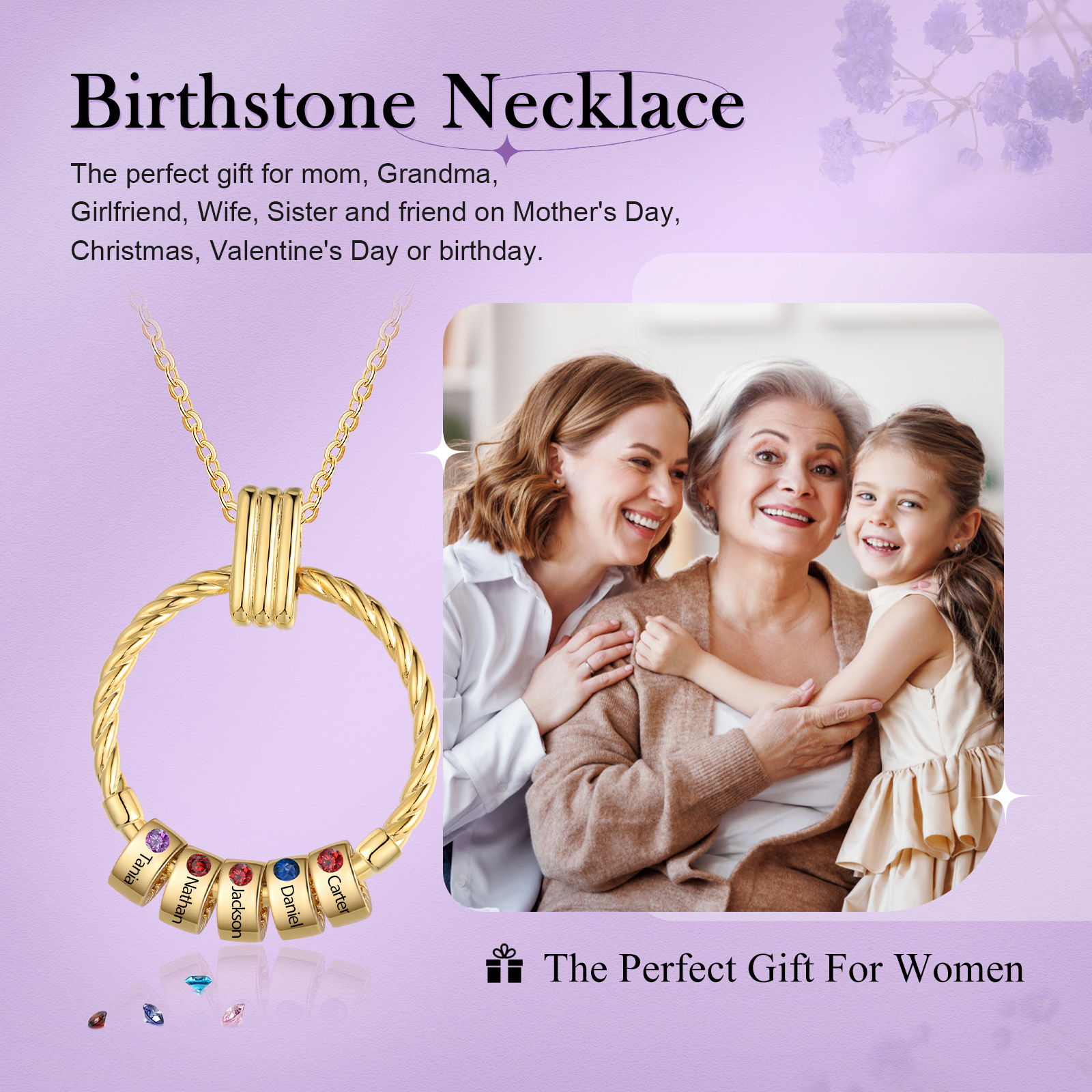 5 Names - Personalised Circle Pendant Necklace Custom Birthstones & Names Necklace Birthday Gift for Her-Jessemade AU
