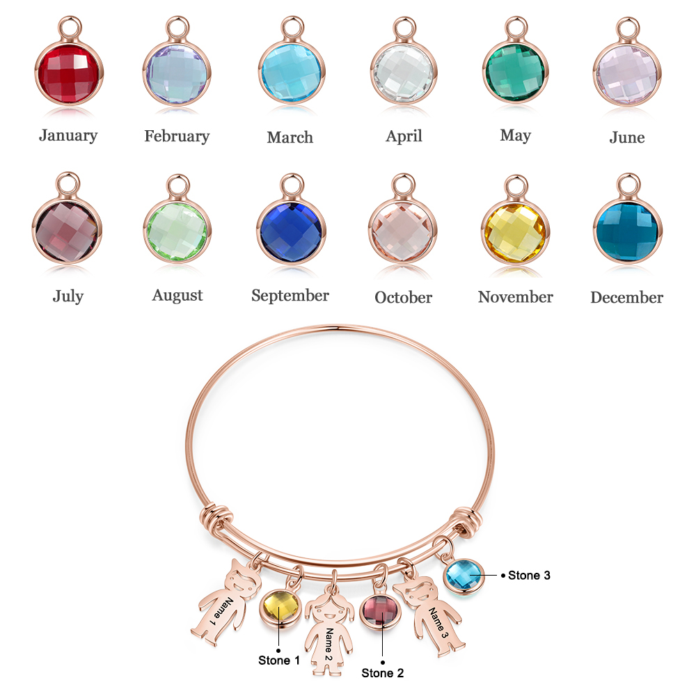 Personalised Kid Charms Bangle Bracelet With Names Customised 3 Birthstones Gift for Her-Jessemade AU