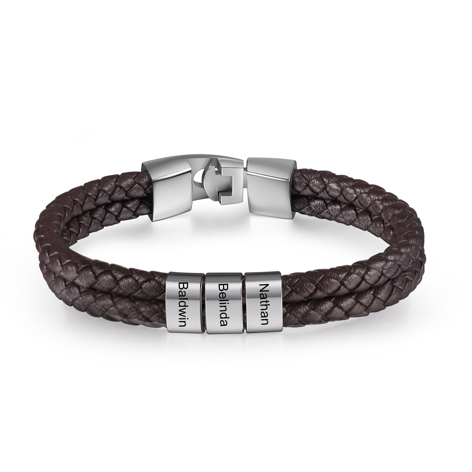 Brown Personalised Double Layered Braided Leather Bracelet Engraved 3 Names Mens Bracelet for Him-Jessemade AU