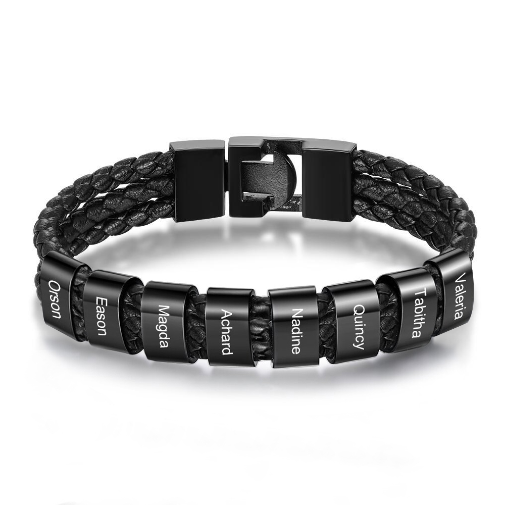 Personalised Braided Leather Bracelet Engraved 8 Names Men's Bracelet Gifts For Him-Jessemade AU