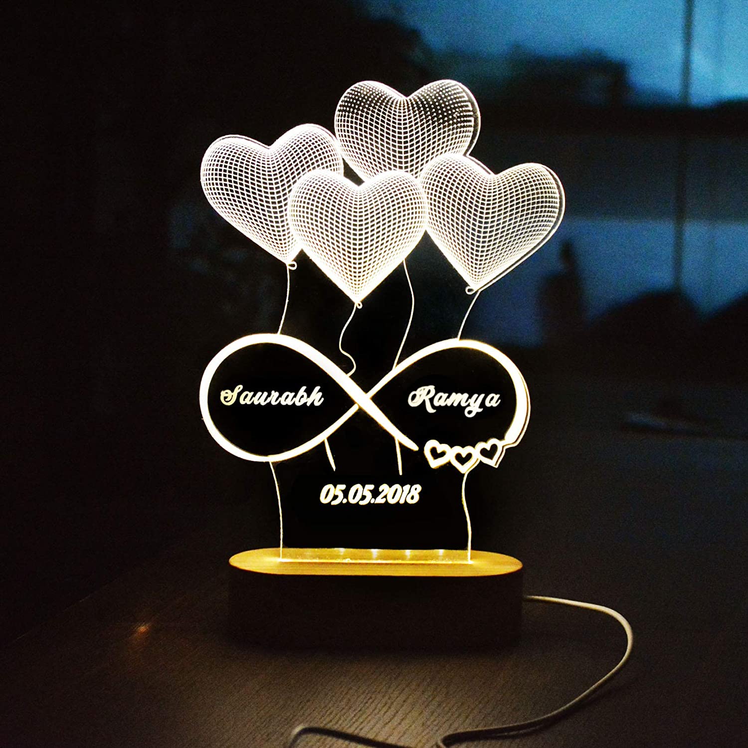 Personalised Heart Balloon Night Light Engraving 2 Names Infinite Love Style Wooden Lamp