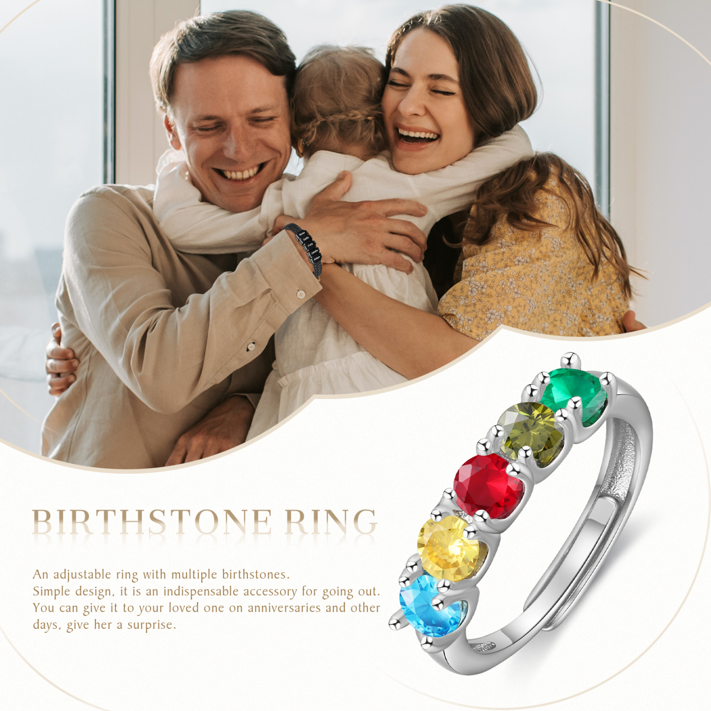 Personalised Women's Ring Customised 5 Birthstones Open Ring Birthday Gift for Women Girls-Jessemade AU