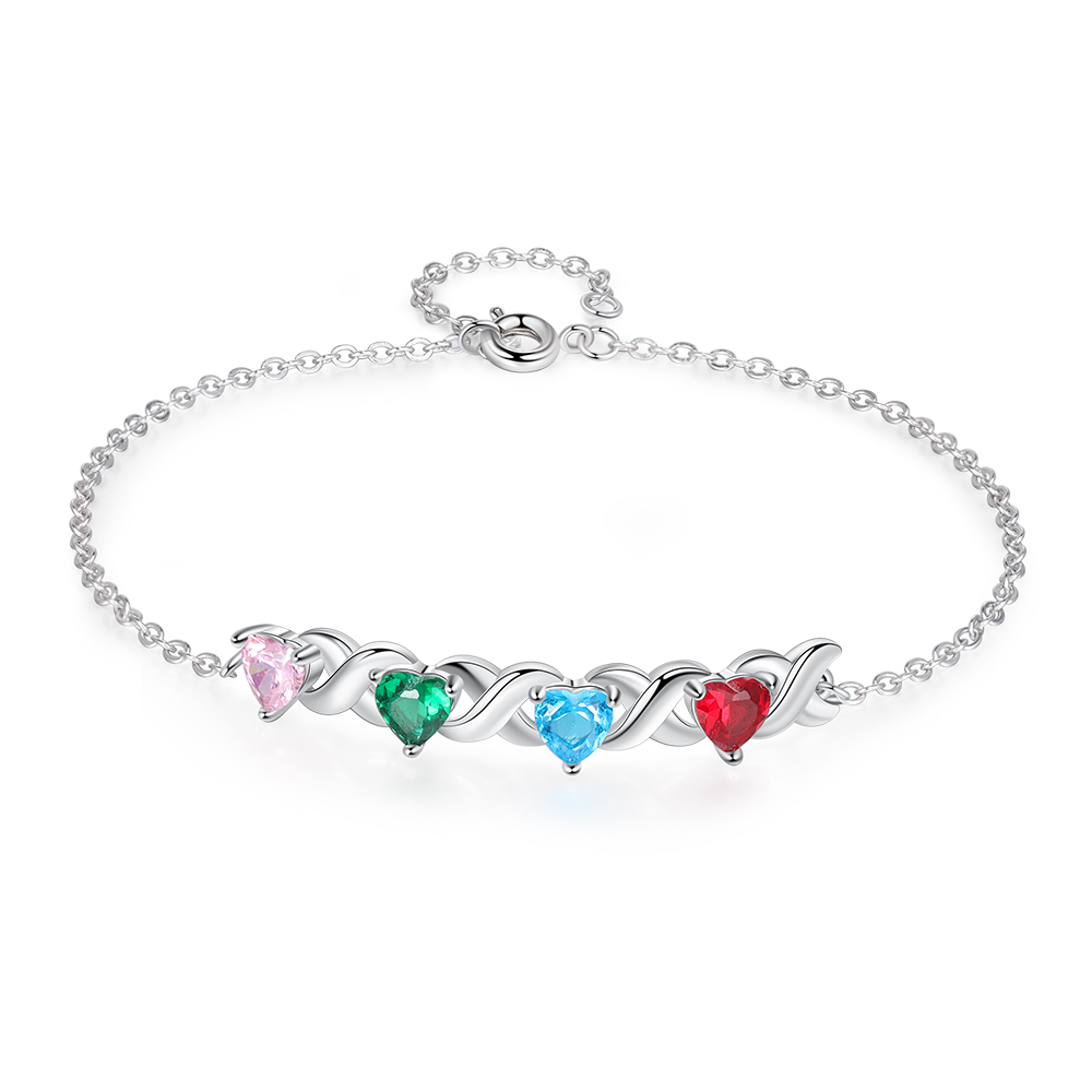 Family Custom Bracelet Heart Personalised with 4 Birthstones Gift Box Set-Jessemade AU