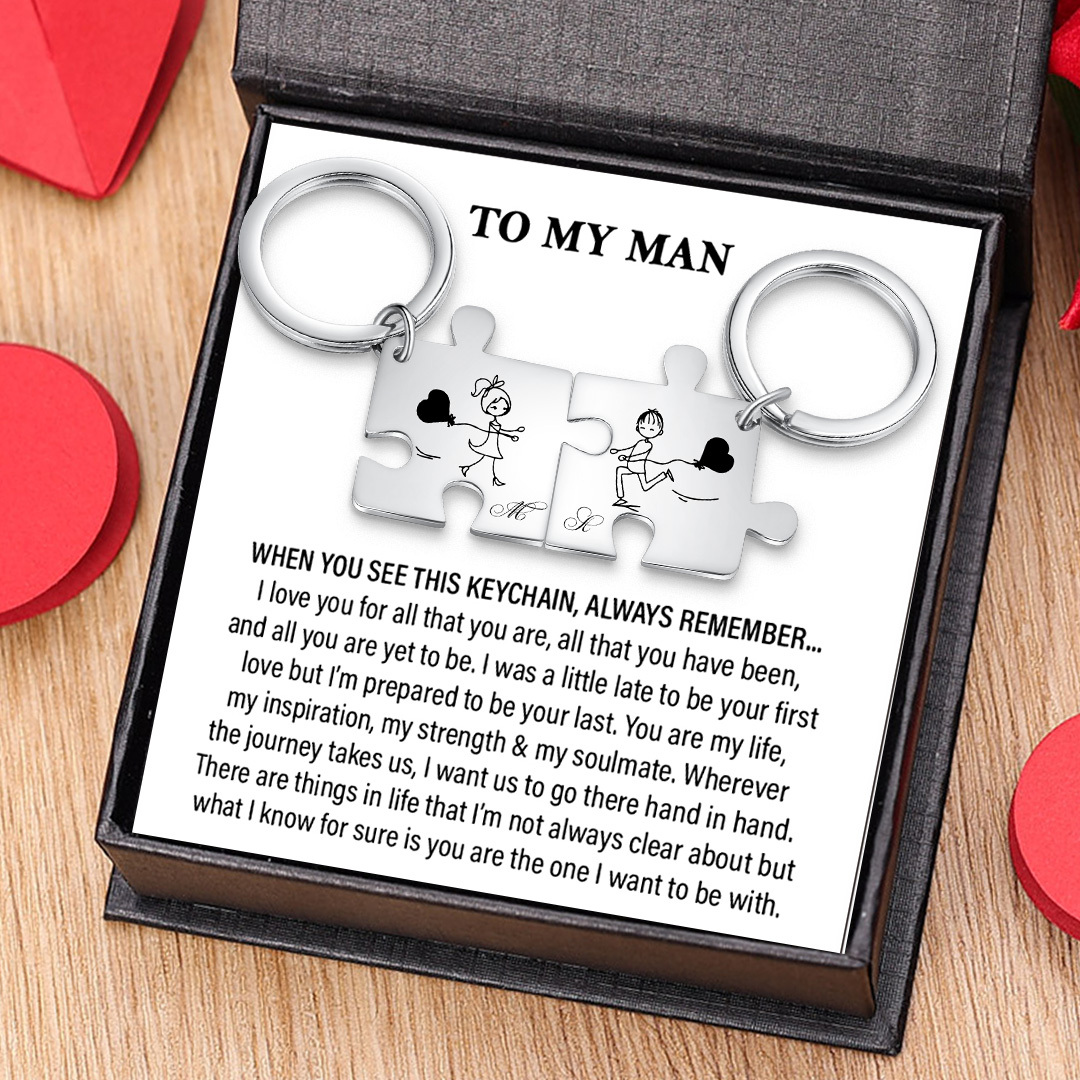 Personalised Puzzle Couple Keychain Set Customised 2 Letters Keyring Line Art Matching Couple Gifts-Jessemade AU