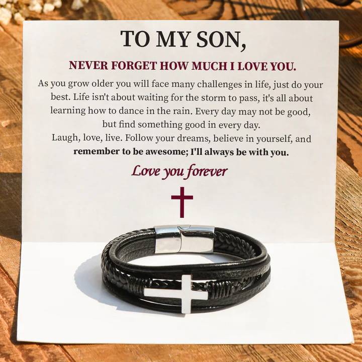 For Son-Cross Braided Leather Bracelet "I'll Always Be With You"
