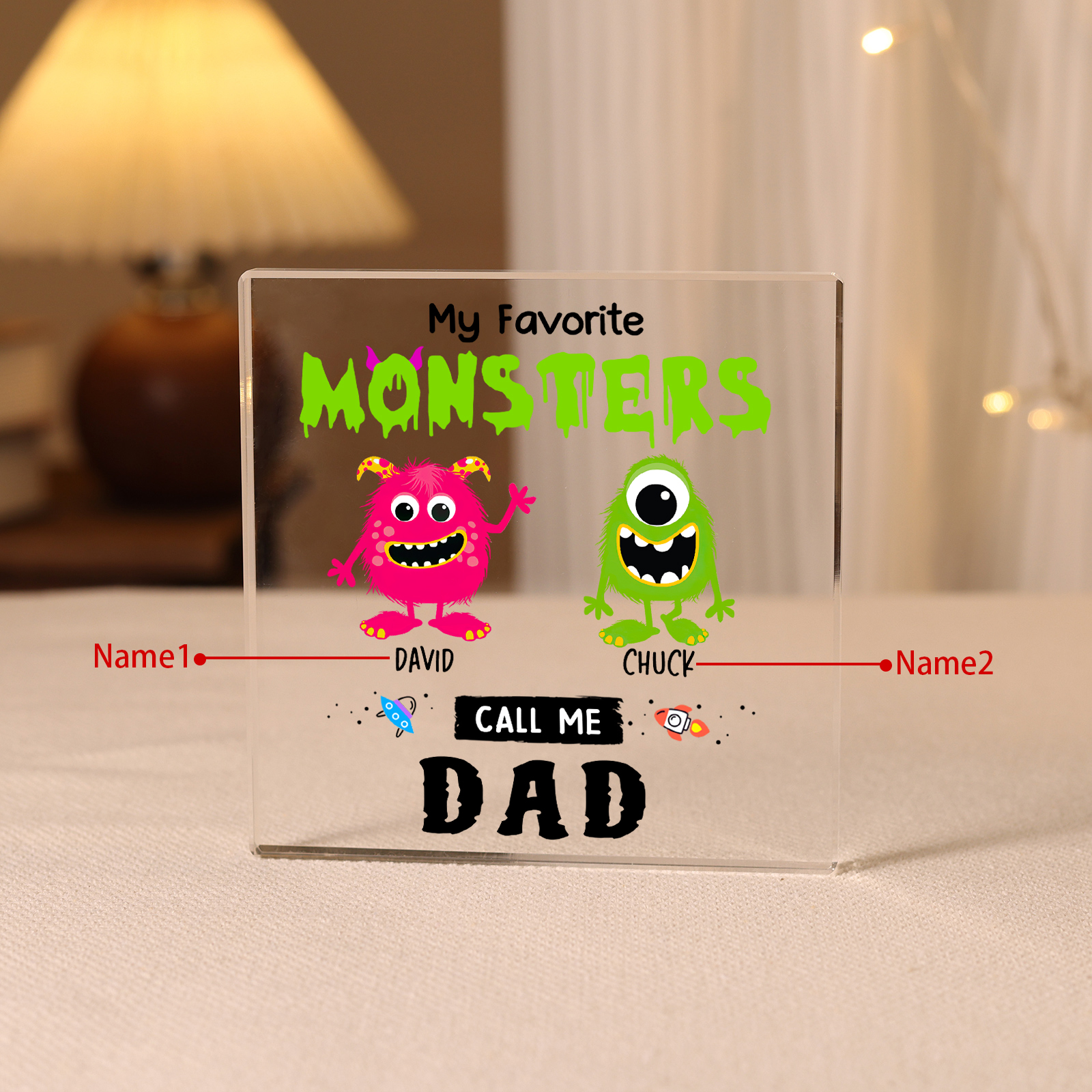 Personalised 2 Names Acrylic Square Keepsake Monster Rectangle Plaque Father's Day Gift - My Favorite Monsters Call Me Dad-Jessemade AU