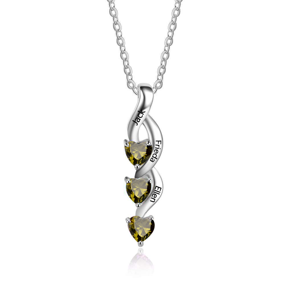 Personalised Necklace With 3 Heart Birthstones Engraved Names Peridot Jewelry Gift For Women-Jessemade AU