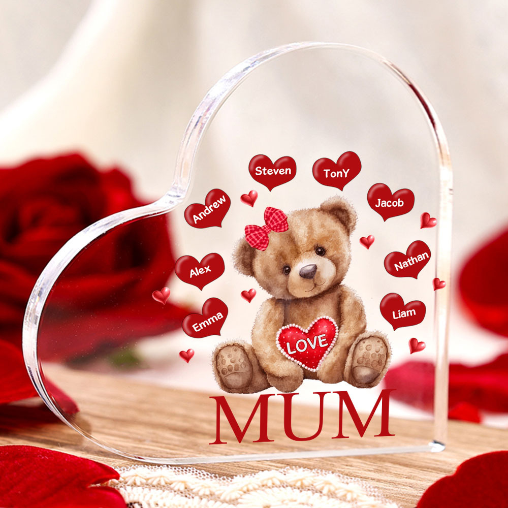 8 Names - Personalised Acrylic Heart Keepsake Custom 2 Texts Teddy Bear Ornaments Gifts for Grandma/Mother-Jessemade AU
