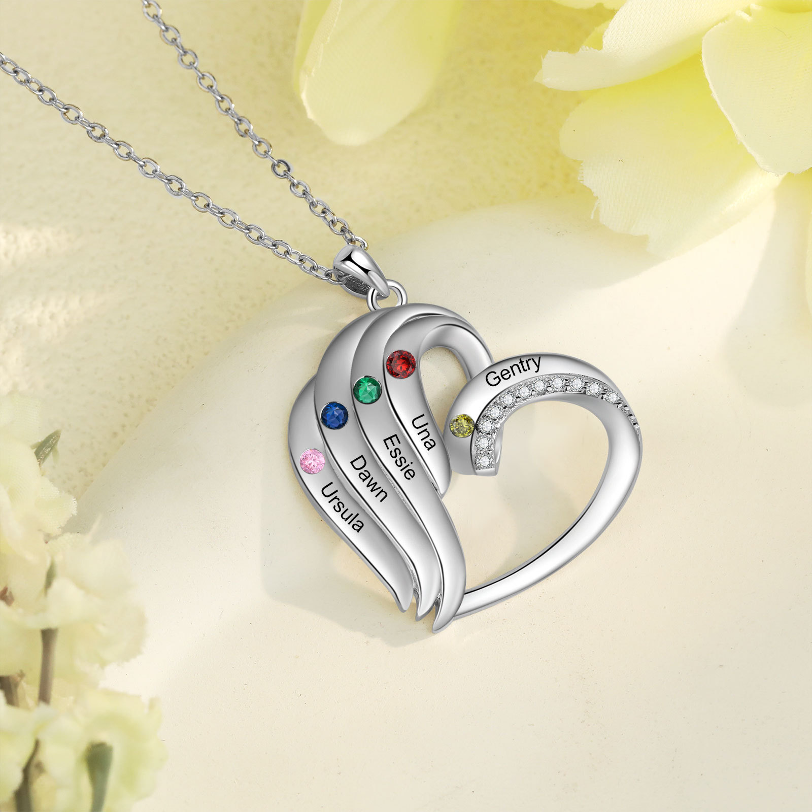 Personalised Heart Pendant Necklace Custom 5 Birthstones Engraved 5 Names Necklace Gift for Her-Jessemade AU