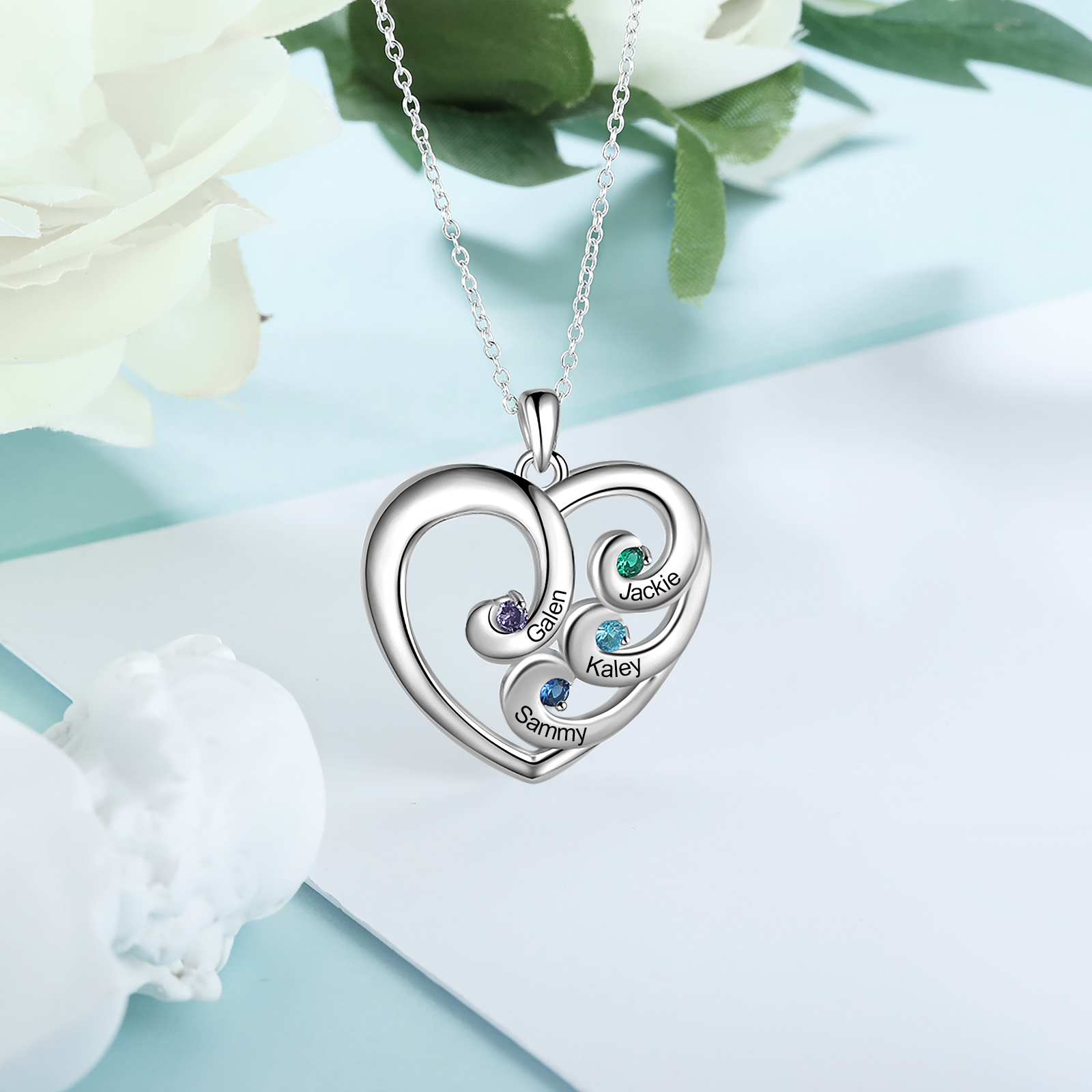 Personalised Heart Necklace With 4 birthstones Engraved Names Gift For Women-Jessemade AU