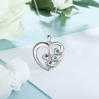 Personalised Heart Necklace With 4 birthstones Engraved Names Gift For Women-Jessemade AU