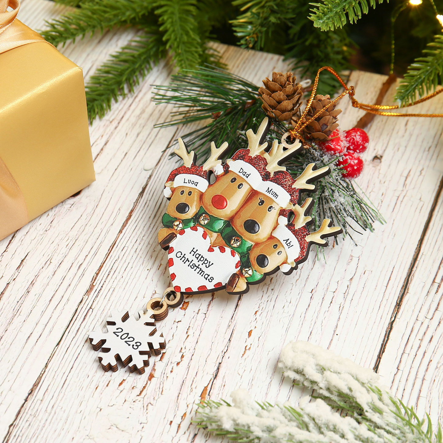 4 Names - Personalised Reindeer Christmas Ornament Customised Name & Text & Year Wooden Hanging Ornaments Christmas Gift for Family-Jessemade AU