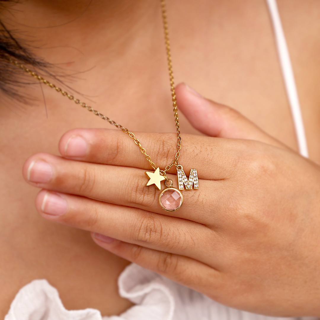Personalised Necklace Custom Birthstone and Initial Kid's Star Pendant Necklace-Jessemade AU