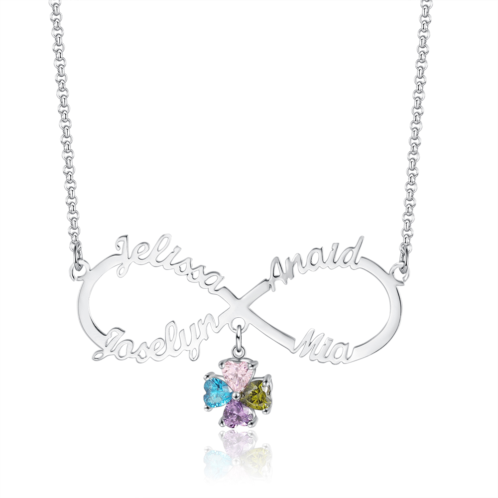 Personalised Infinity Necklace With 4 Birthstones Engraved Names Necklace Gift For Women