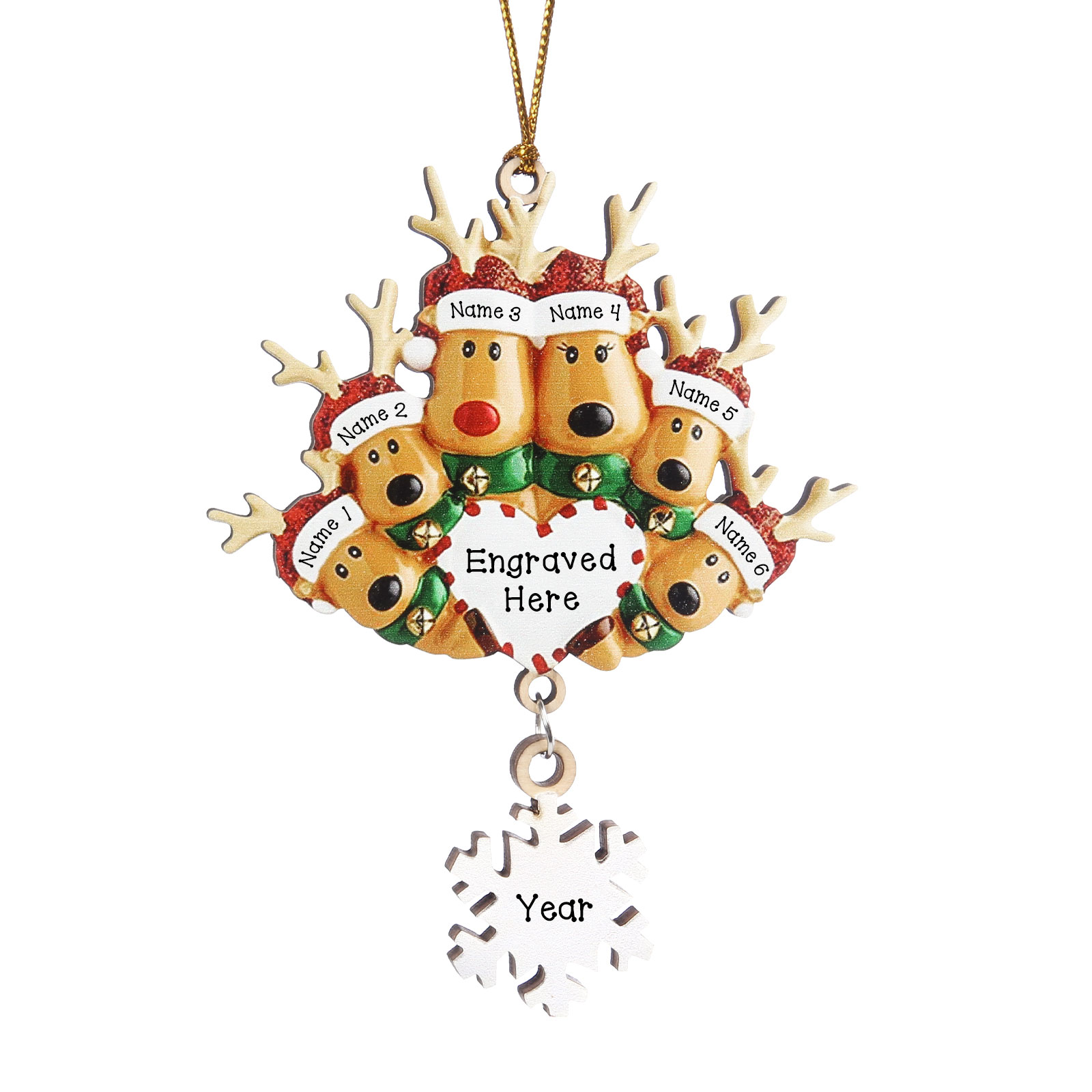 6 Names - Personalised Reindeer Christmas Ornament Customised Name & Text & Year Wooden Hanging Ornaments Christmas Gift for Family-Jessemade AU