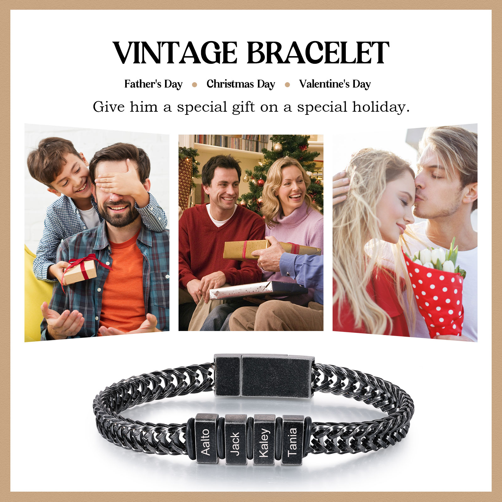 4 Names - Men's Vintage Bracelet Customised Name Stainless Steel Bracelet Personalised Gift for Him-Jessemade AU