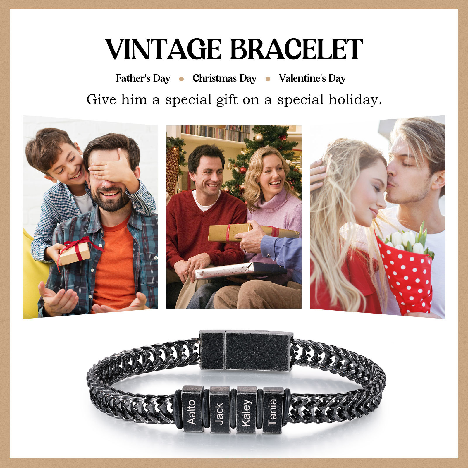 4 Names - Men's Vintage Bracelet Customised Name Stainless Steel Bracelet Personalised Gift for Him-Jessemade AU