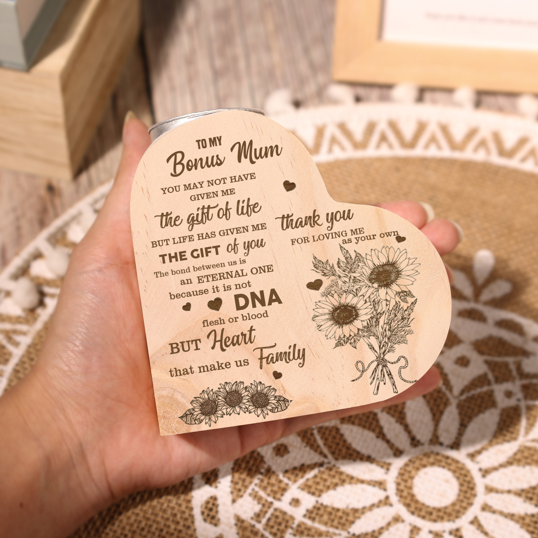 To My Mum - Wooden Heart Candle Holder Flower Candlesticks "Thank you for loving me as your own" Gifts For Mother-Jessemade AU