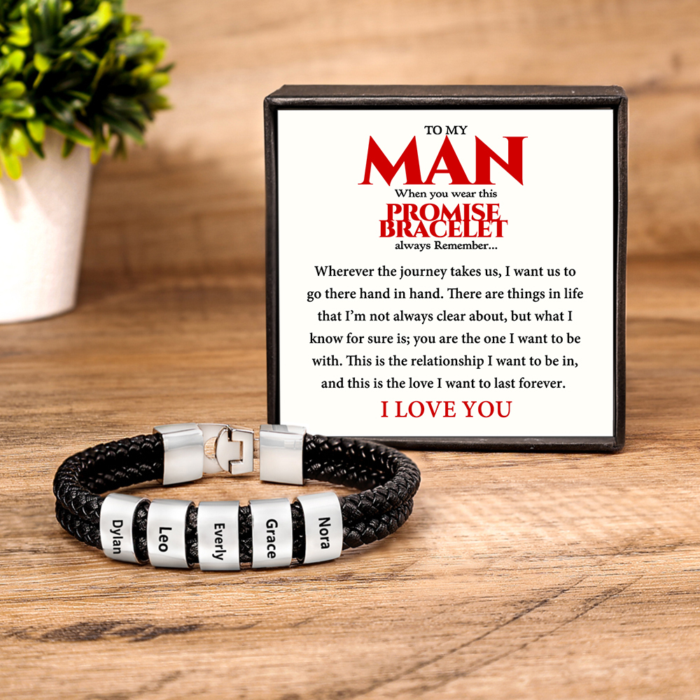 Personalised Braided Leather Bracelet Engraved 5 Names Men's Bracelet for Him-Jessemade AU