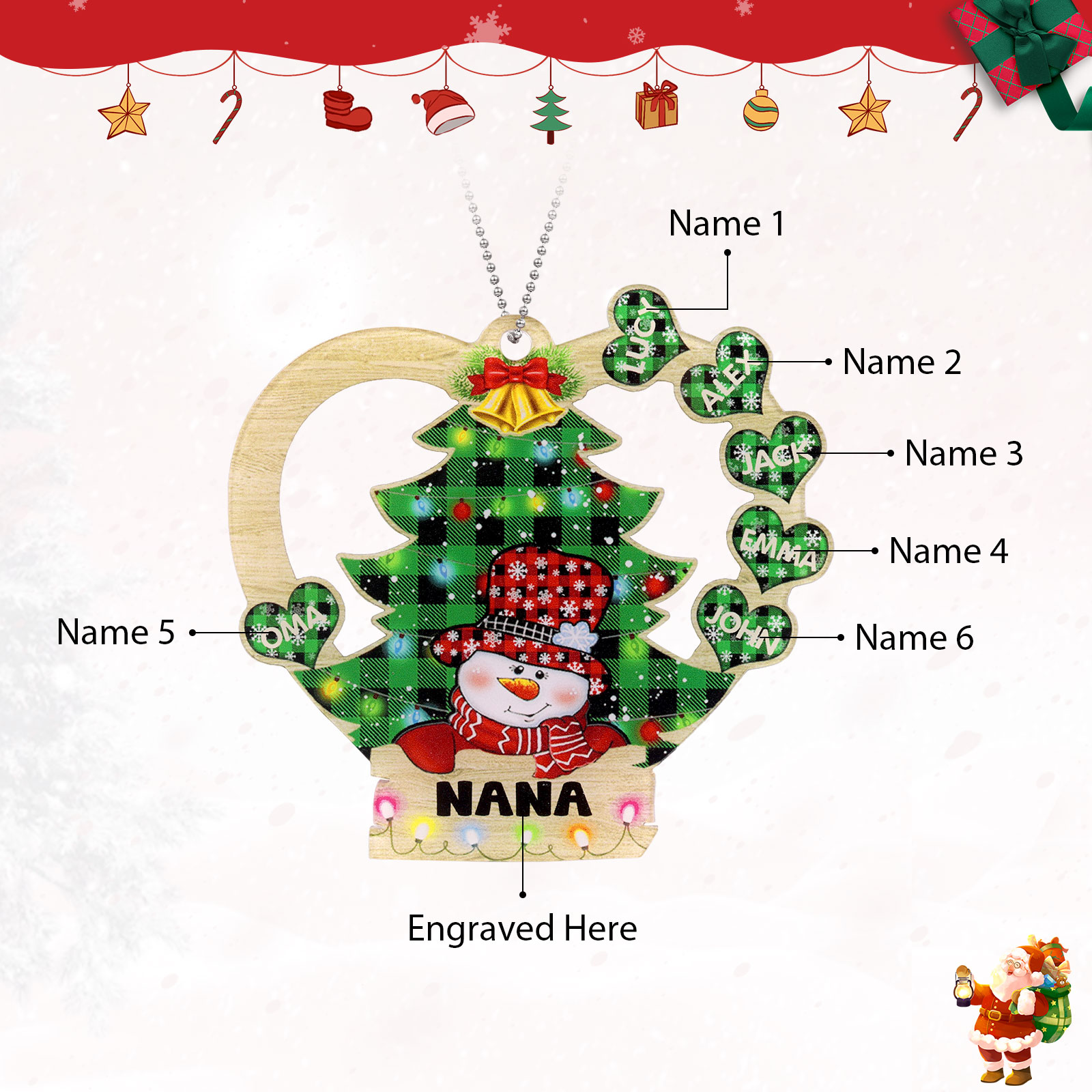 6 Names - Personalised Heart Christmas Tree Ornament Customised Name & Text Acrylic Snowman Hanging Ornaments Gift for Family-Jessemade AU
