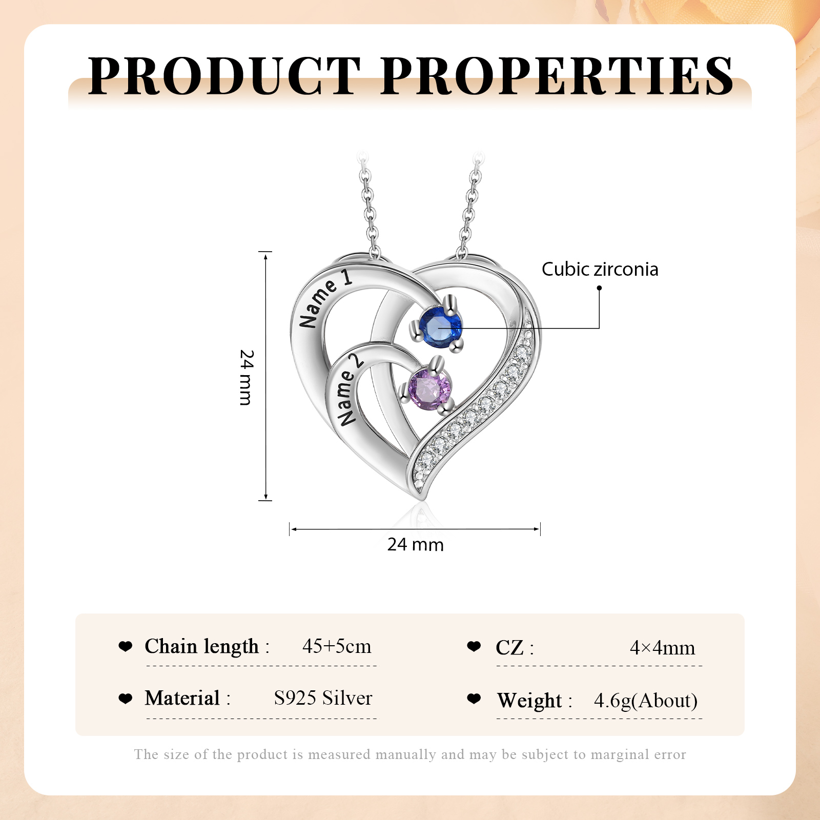 Personalised Mother Necklace Engraved 2 Names 2 Birthstone Intertwined Heart Pendant