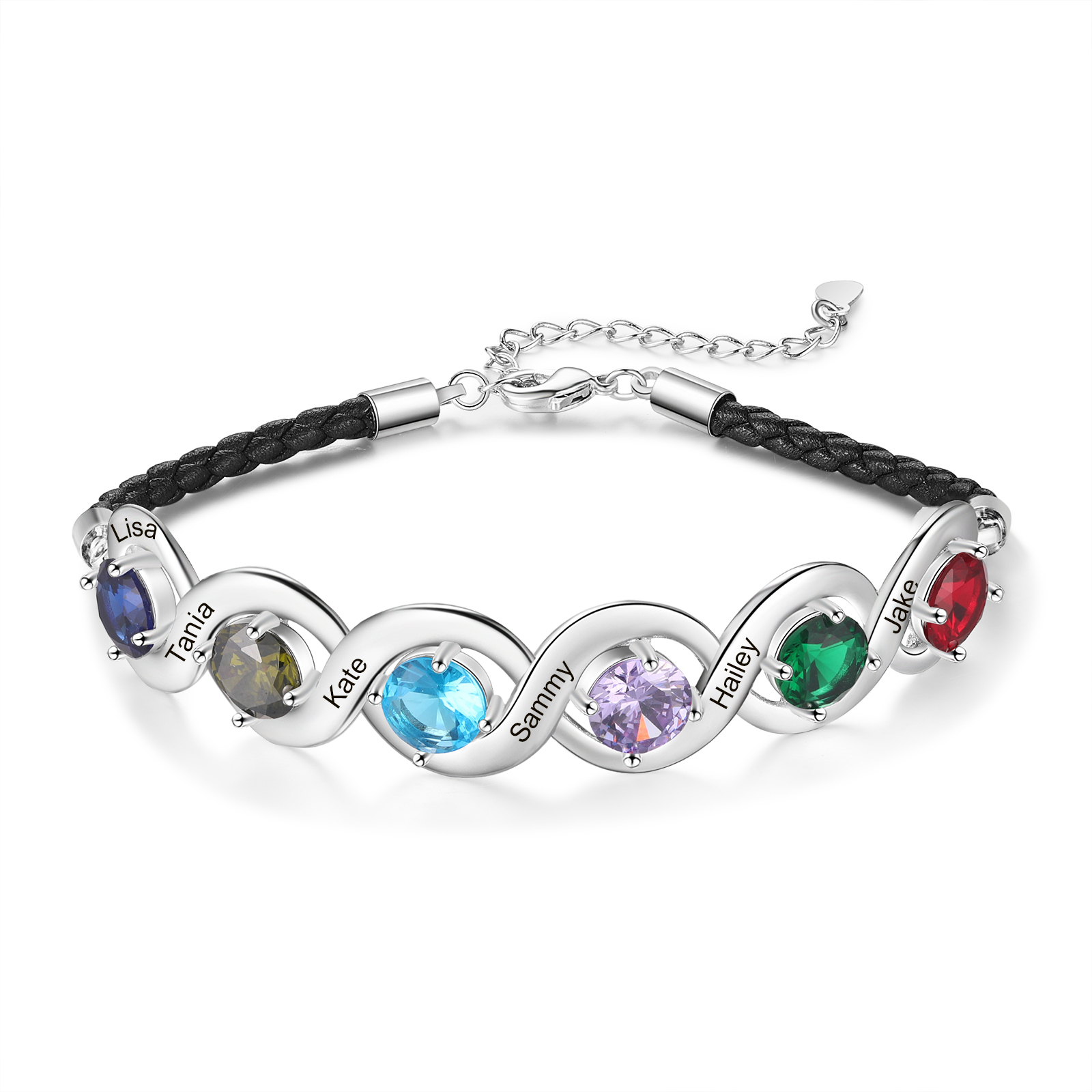 Personalised Infinity Bracelets Custom 6 Birthstones & 6 Names Adjustable Bracelet Gift for Her