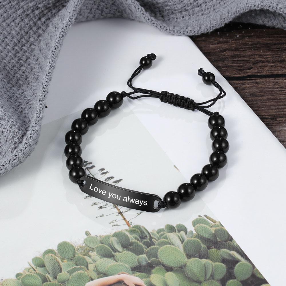 Men Black Beads Bracelet with Engraved Bar Custom Bracelets Personalised Gifts for Him-Jessemade AU