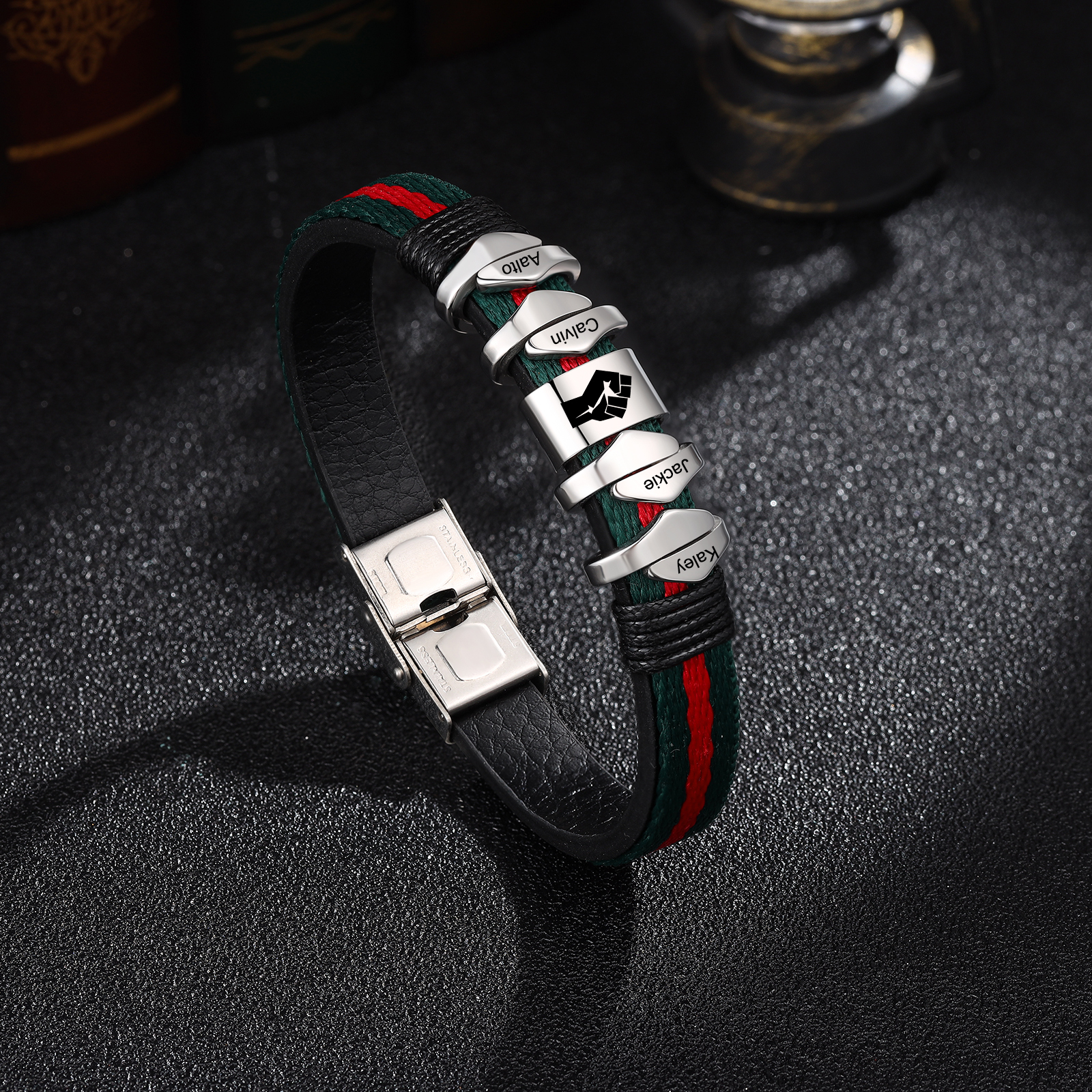 Personalised Leather Bracelet Custom 4 Names Mens Bracelet Silver and Gold-Jessemade AU