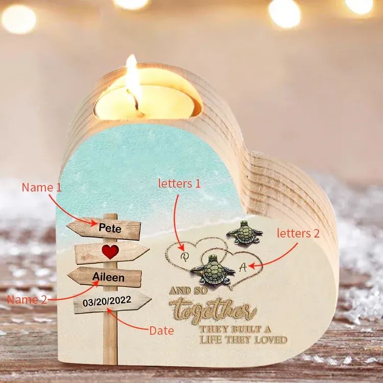 Personalised Couple Heart Candle Holder Engrave Name Turtle Wooden Candlesticks Valentines Gift-Jessemade AU