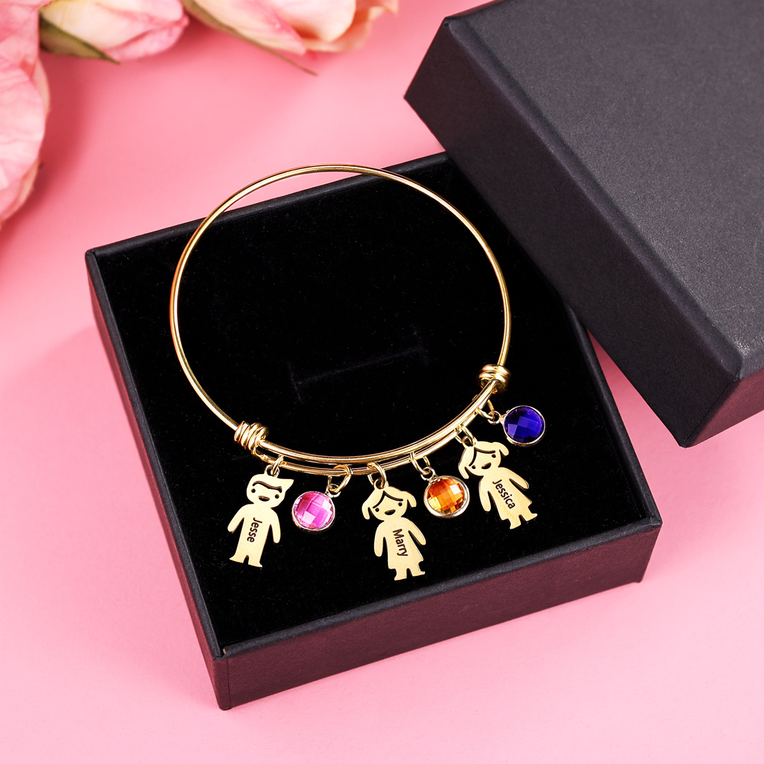 Personalised Kid Charms Bangle Bracelet With Names Customised 4 Birthstones Gift for Her-Jessemade AU