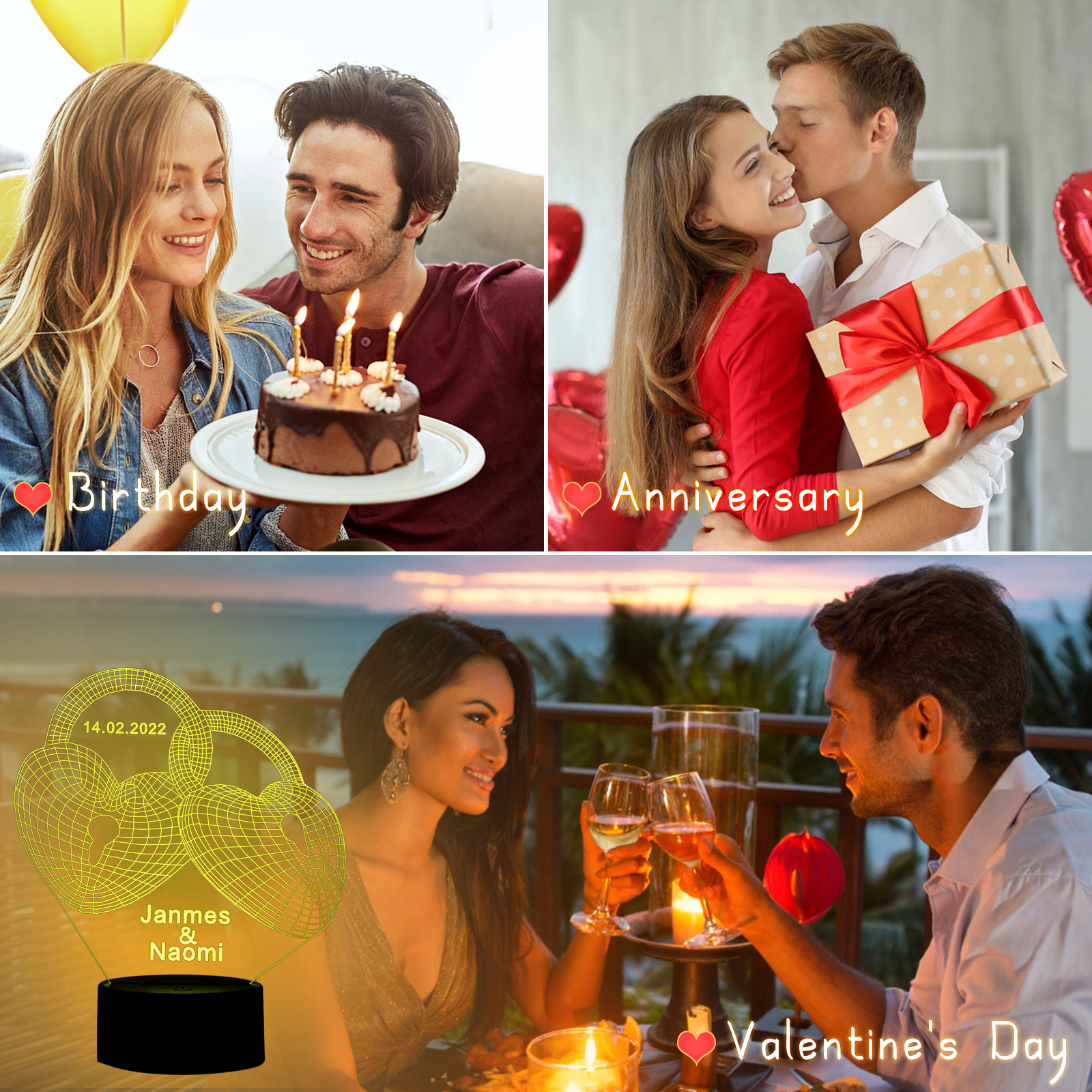 Custom 3D Love Lock Night Light With Name LED Lamp Gifts For Couple-Jessemade AU