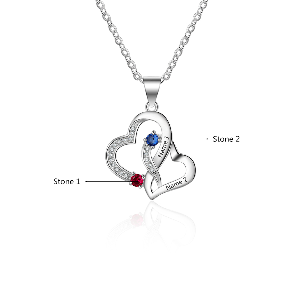 Personalised Heart Necklace With 2 Birthstones Engraved Names Necklace Gift For Women-Jessemade AU