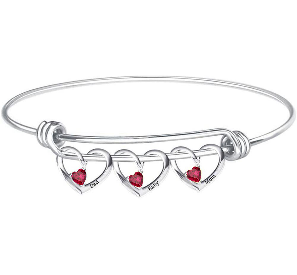 Personalised Heart Bracelet With 3 Birthstones Engraved Names Bracelet Gift For Women-Jessemade AU