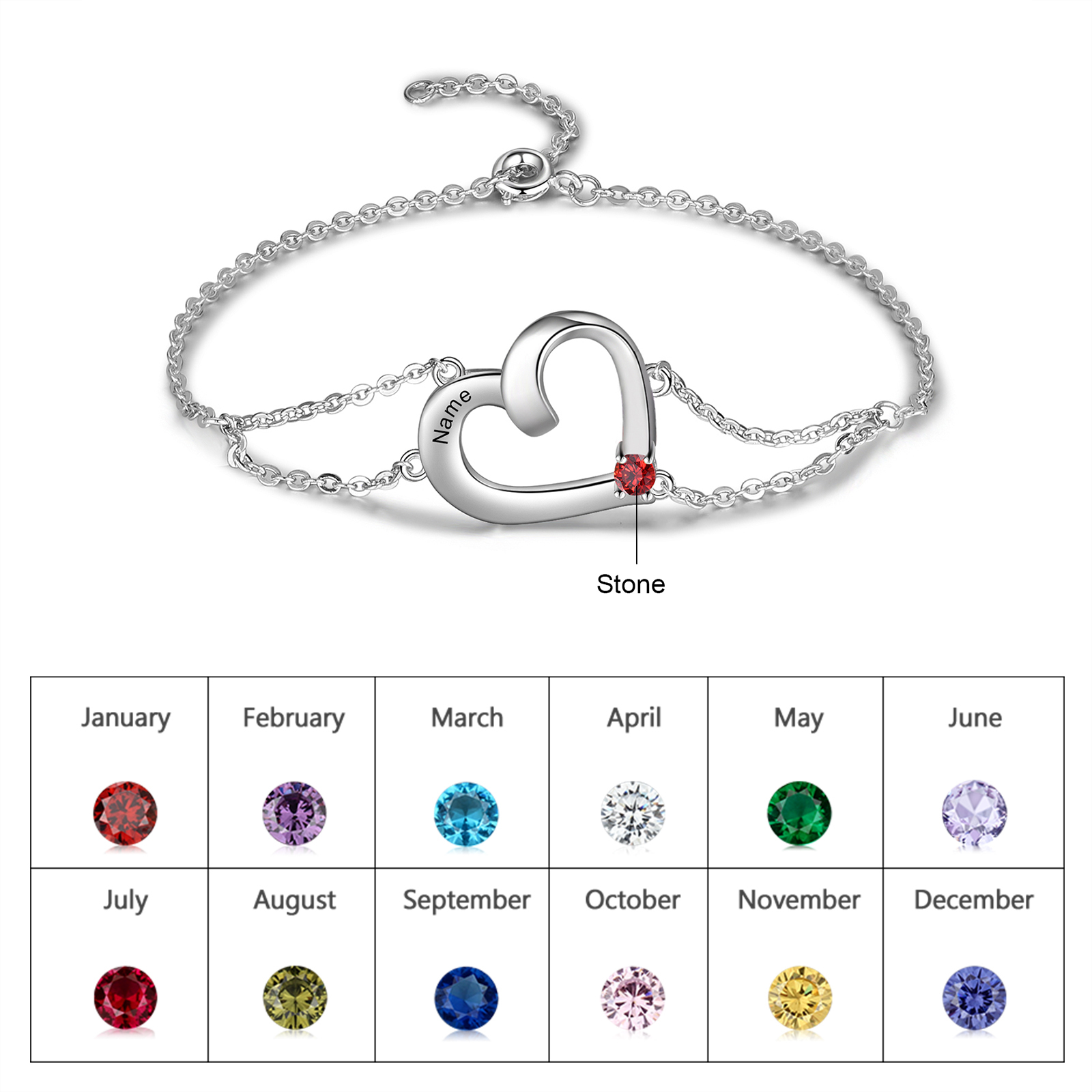 Personalised Heart Bracelet With 1 Birthstone Engraved Names Gift For Women-Jessemade AU