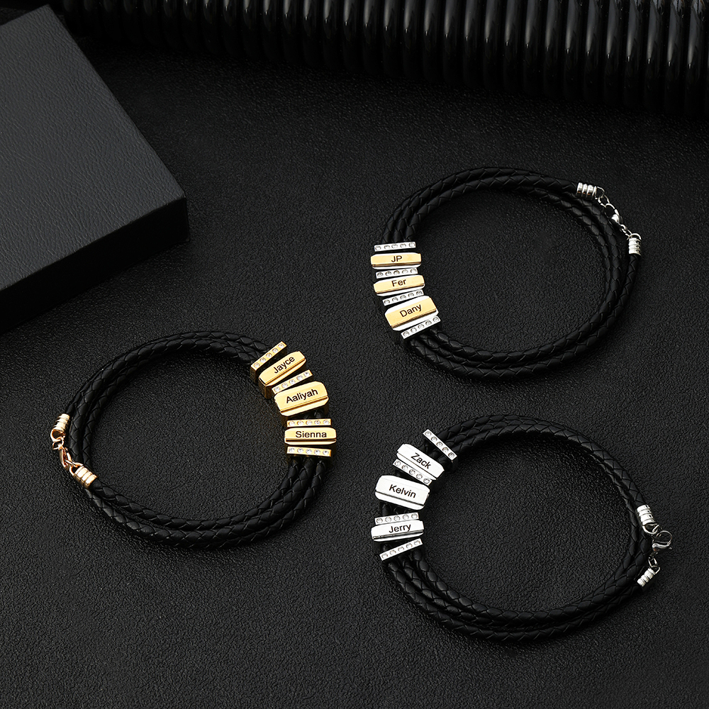 Mens Leather Bracelet with Customised Beads Personalised Three Layer Bracelet Engraved 3 Names-Jessemade AU