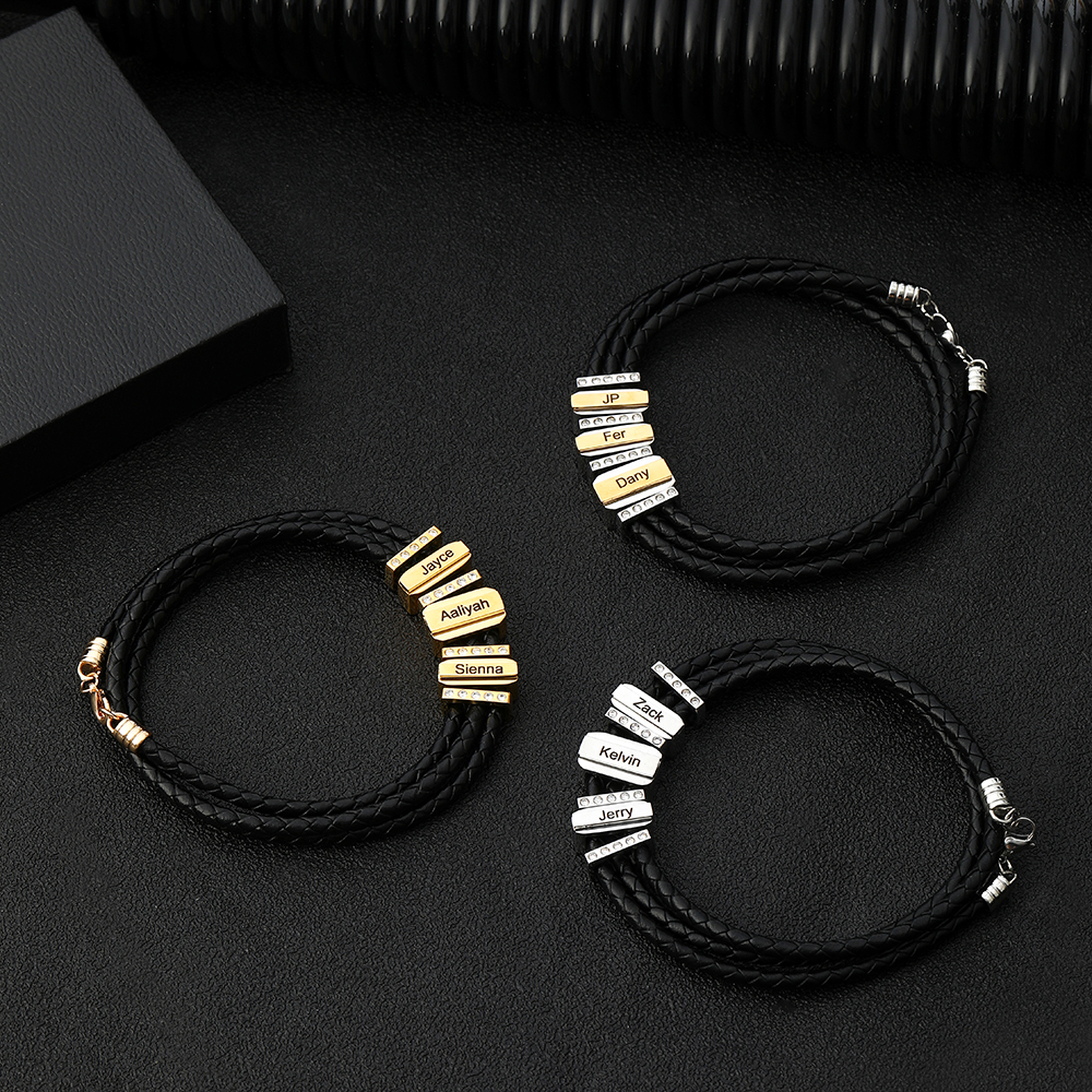 Mens Leather Bracelet with Customised Beads Personalised Three Layer Bracelet Engraved 3 Names-Jessemade AU
