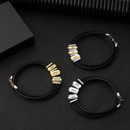 Mens Leather Bracelet with Customised Beads Personalised Three Layer Bracelet Engraved 3 Names-Jessemade AU