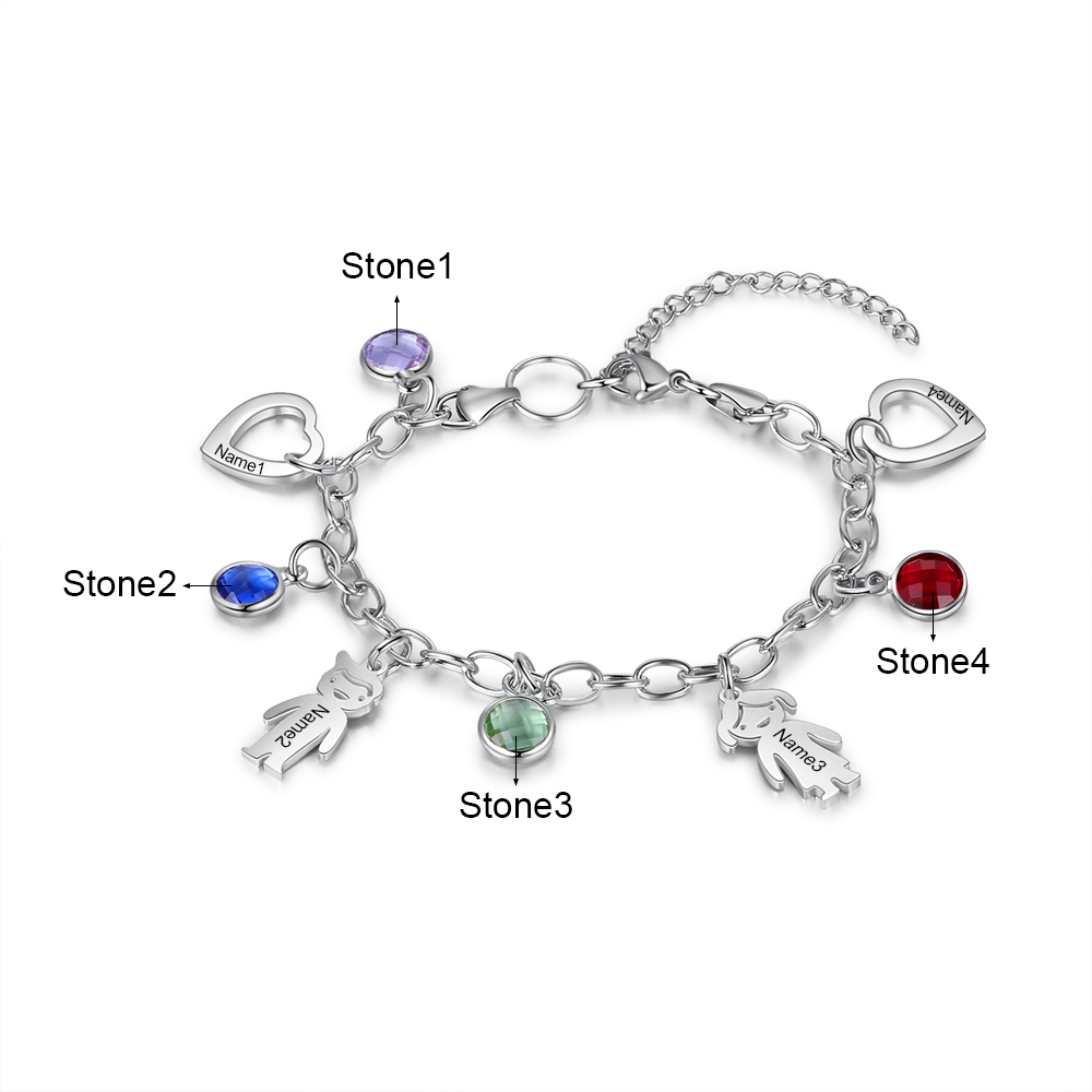 Personalised Kids Charm Bracelet With 3 Birthstones Engraved Names Bracelet Gift For Her-Jessemade AU