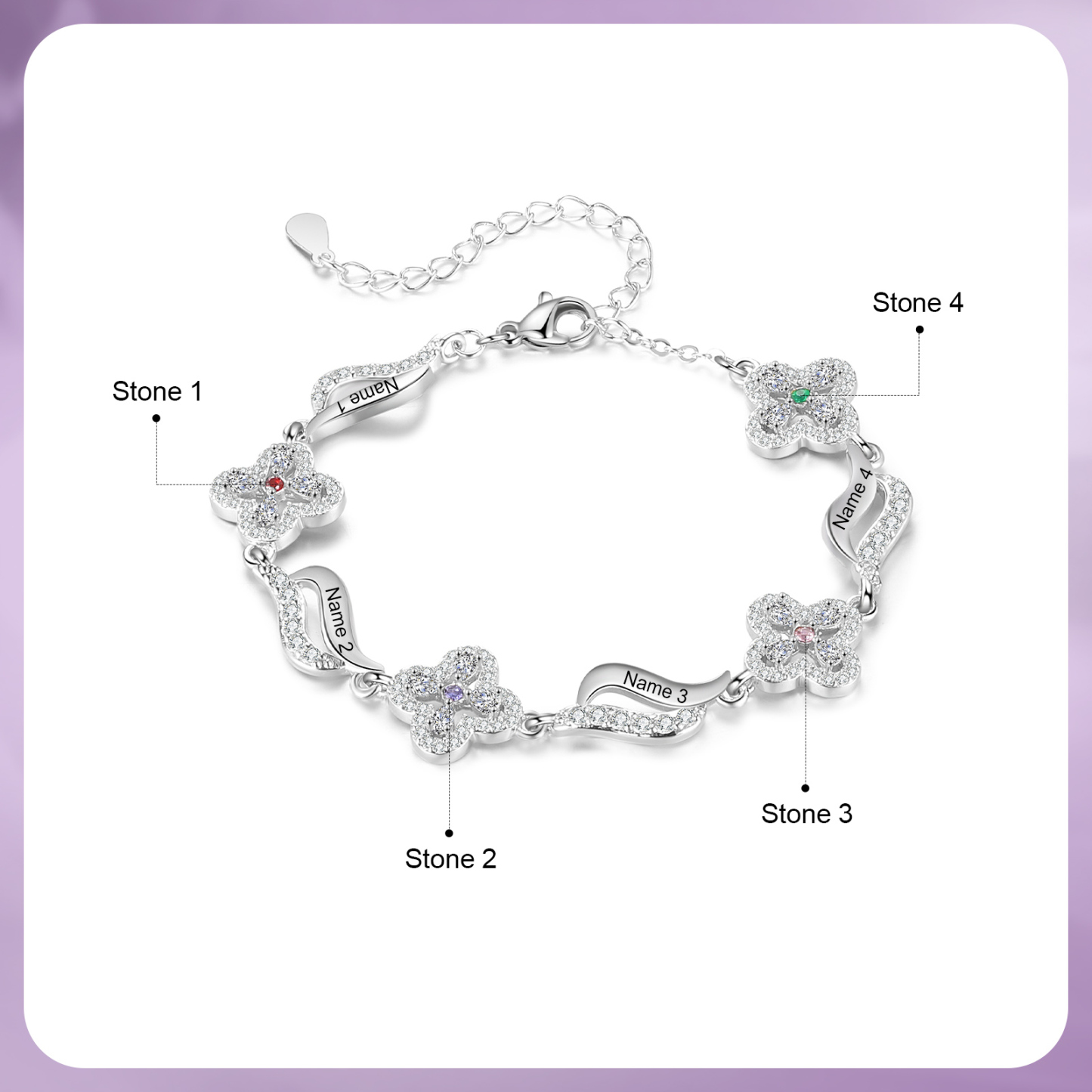 Personalised 4 Birthstones Engraved 4 Names Bracelet Women's Bracelets Birthday Gift for Her-Jessemade AU