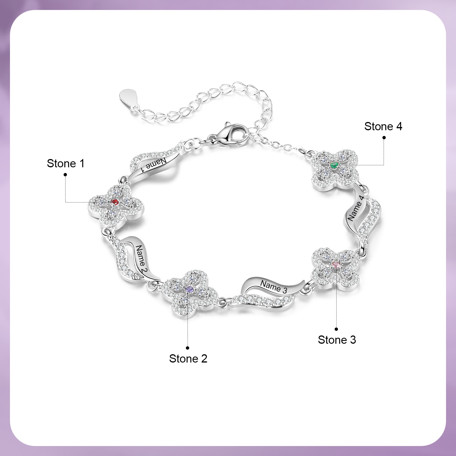 Personalised 4 Birthstones Engraved 4 Names Bracelet Women's Bracelets Birthday Gift for Her-Jessemade AU