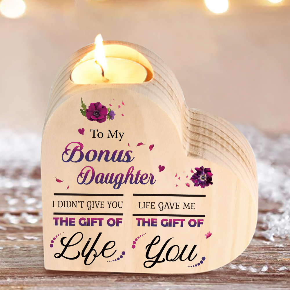To My Bonus Daughter Violet Flower Heart Candle Holder "Life Gave Me The Gift of You" Wooden Candlestick-Jessemade AU