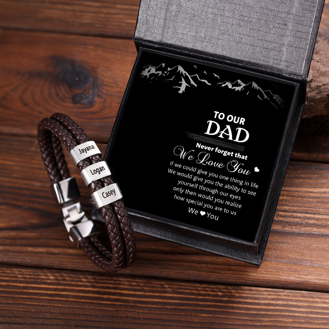 Brown Personalised Double Layered Braided Leather Bracelet Engraved 3 Names Mens Bracelet for Him-Jessemade AU