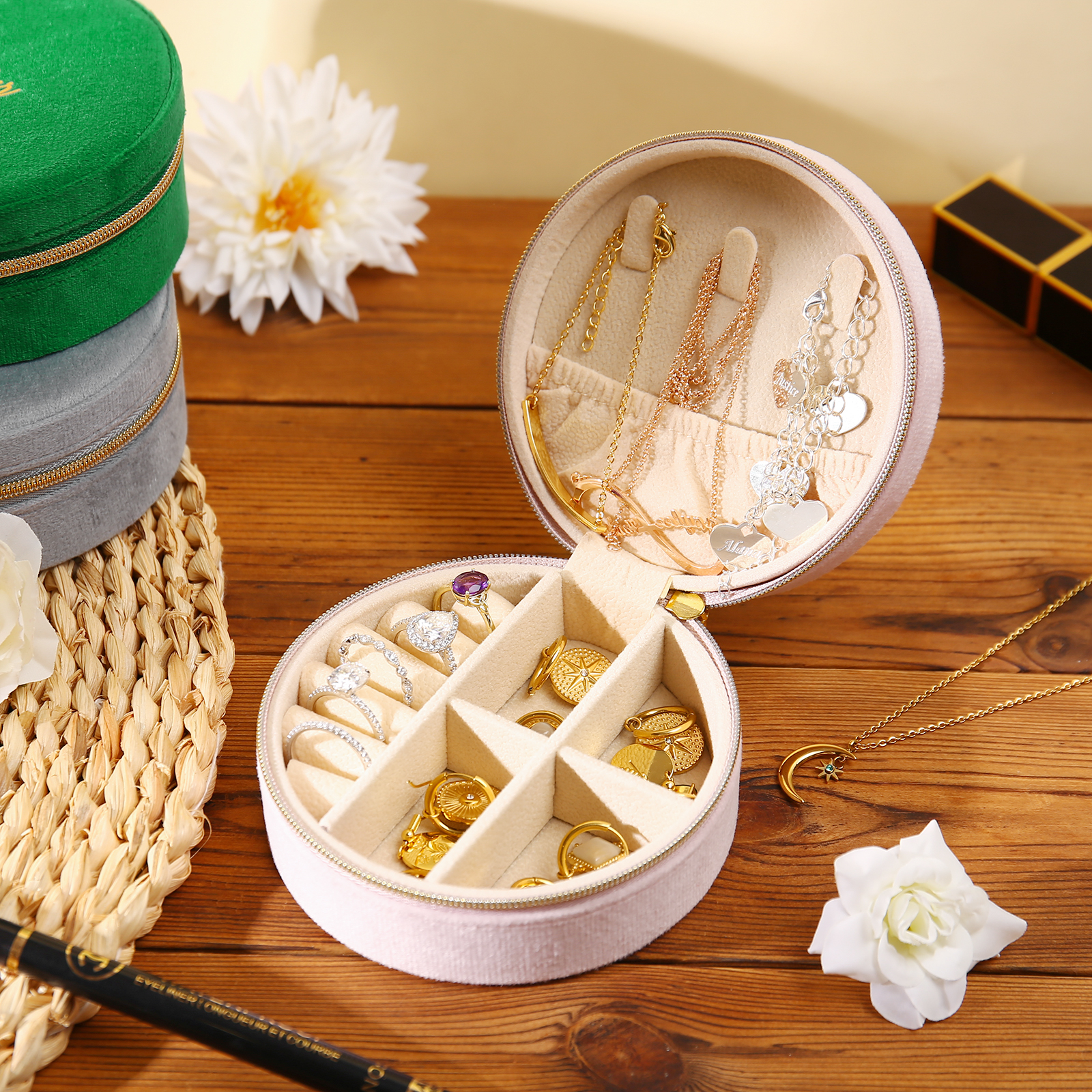 Personalised Name Jewelry Storage Box Custom Travel Jewelry Box Circle Box Gifts for Ladies Girls-Jessemade AU