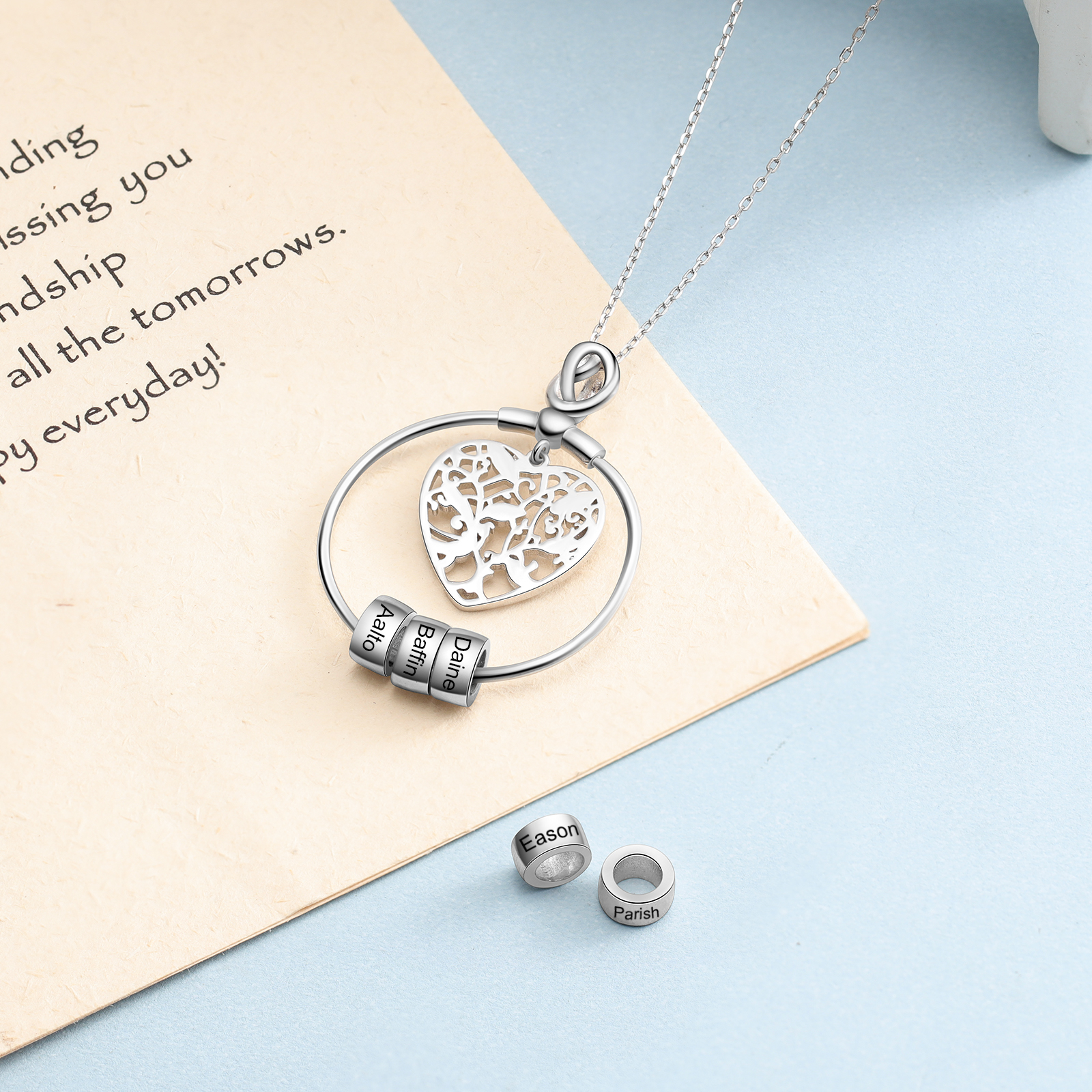 Customised Family Tree Necklace with 4 Beads Engraved 4 Names Heart Necklace Gifts For Her-Jessemade AU